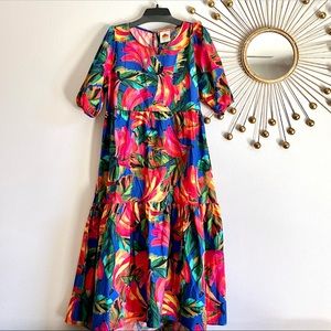 FARM Rio Blue Bananamix Puff Sleeve Midi Dress, L NWOT